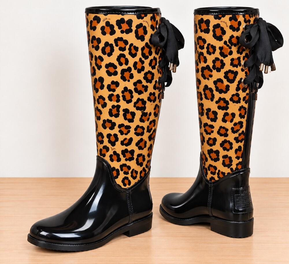 Coach A00632 Tristee Shiny Leopard Print Lace Up Rain Boot Size 8B
